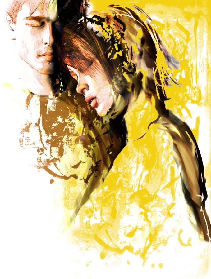 Rick Nease color illustration of woman resting her head on mans shoulder. 