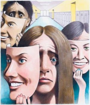 Doug Griswold illustration of stressed teenagers with happy-face masks. (Bay Area News Group/MCT)