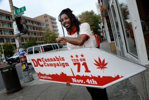 An activist from the D.C. Cannabis Campaign holds a sign during the midterm elections on Tuesday, Nov. 4, 2014, in Washington, D.C.   (Olivier Douliery/Abaca Press/MCT)