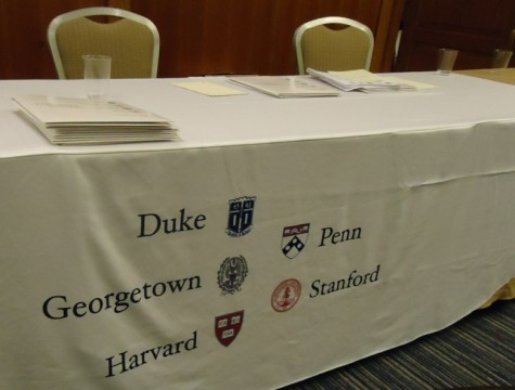 Table and banner at a college admissions presentation held at Abington High School 2015.