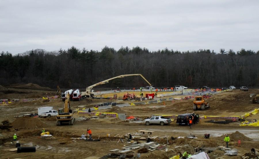 Workers prepare to pour concrete for the new athletic center on on Jan. 8, 2016.
