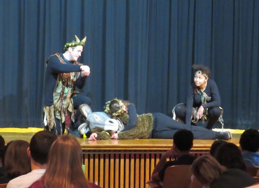 Nathaniel Scott (Oberon), Samual Wharton (Bottom), Sarah Mass (Titania) and Tammy Brown (Puck) act out one of the most amusing sequences in Shakespeare Nows production of A Midsummer Nights Dream.
