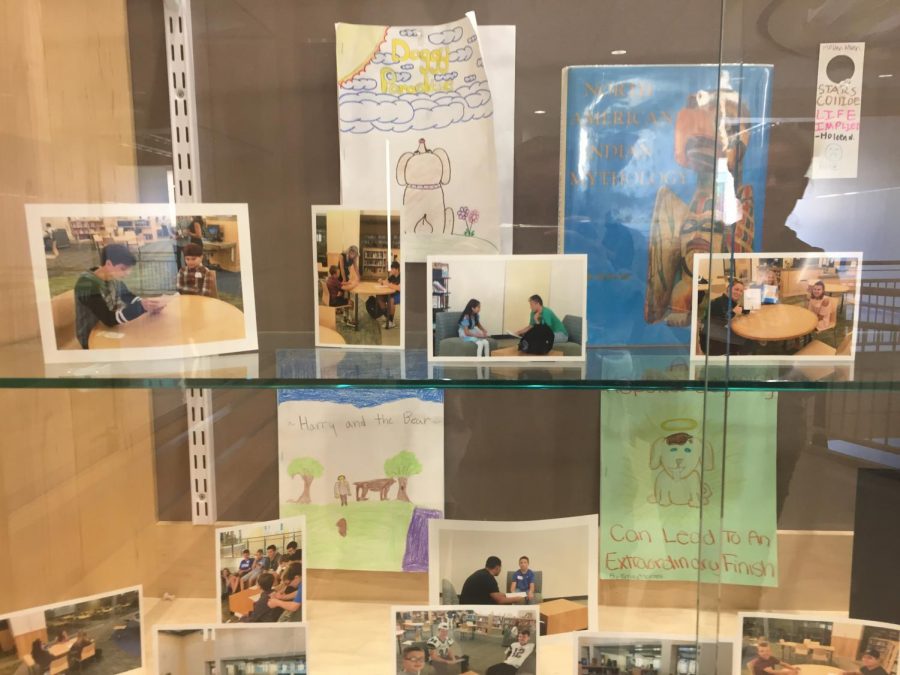 Display case highlighting pictures from the Myths to Fifth assignment