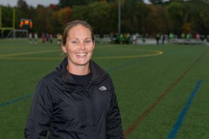 Mrs. Kate Casey, Health and Wellness Director in the Abington Public Schools and coach for the Girls Soccer team during Soccer Warm-ups this year.