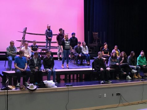 The cast of The Laramie Project rehearses in their new theater space at the high school this October.