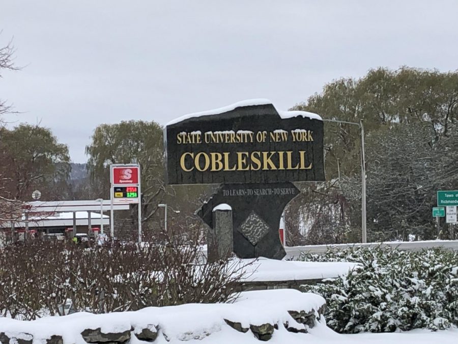 Snow fell on the grounds of the State University of NY, Cobleskill in November