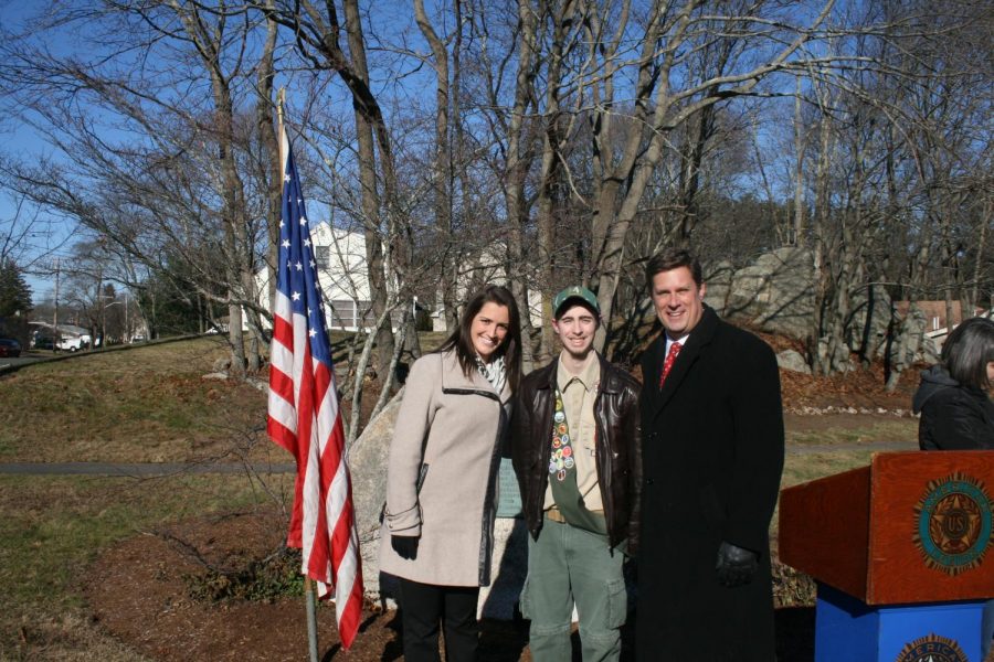 Eagle Scout Justin Maskell stands at Ford Memorial Park on Dec. 8 with Republican State Representative Alyson Sullivan and Geoff Diehl. Deihl, also an Eagle Scout, was the Republican nominee for U.S. Senate this past fall
