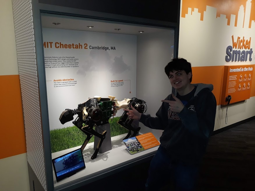 David Edwards 20 pointing eagerly at the MIT cheetah during a field trip Mr. Jaykamurs students took to the Museum of Science on January 18, 2019.