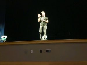 John Morello performs his one-man show Dirt at Abington High School on Monday, Feb. 4. Freshmen and sophomores attended this show, sponsored by the Anti-Bullying Club and funded by the PTO and Coombs Foundation.