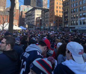 A sea of Patriots Fans stands on Tremont Street in Boston celebrating the Super Bowl LIII win by the Patriots. The Victory Parade rolled out on Tuesday, Feb. 5, 2019.