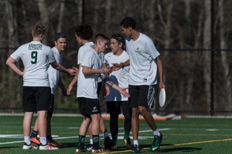Current seniors Michael Boyle (#9), Jason Kinniburgh, Mohammad Zaidan, on the field with juniors Bobby Molloy, Connor Saccoach, and Cam Curney last year during an Ultimate game in the spring of 2018.