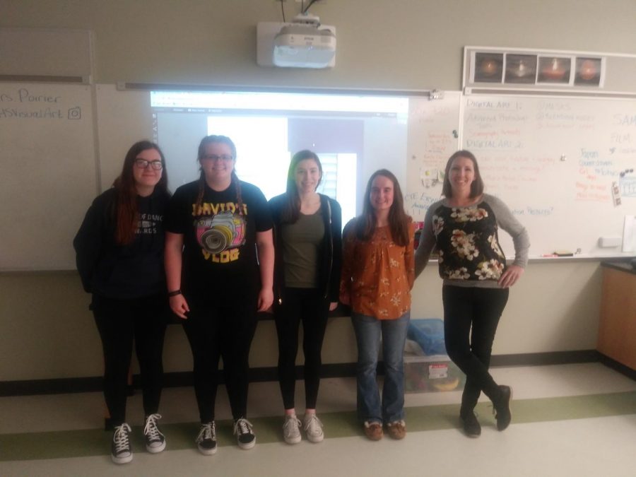 Some of the members of the 2019 Abington Student Art Magazine (left to right): Haley Cooper, Emily Christian, Erin McDermott, Cecilia Lindo, and Mrs. Poirier