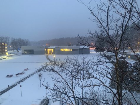 The University of Maine at sunset in the winter of 2019. Photo of Innovative Media, Research, and Commercialization Center and Studio Art Center
