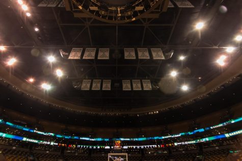 Celtics banners hang inside the TD Garden, Boston. December 2017.