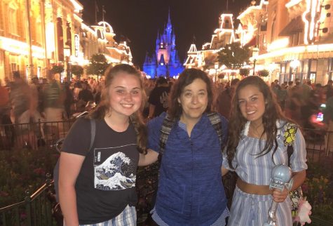 Abington Music trip to Walt Disney World in Orlando Florida, on April 26, 2018. Left to right: Abby Joyce (21), Mrs. Joyce Harrington, and Lyla Blanchard (21) in front of Main St. and Cinderellas Castle.