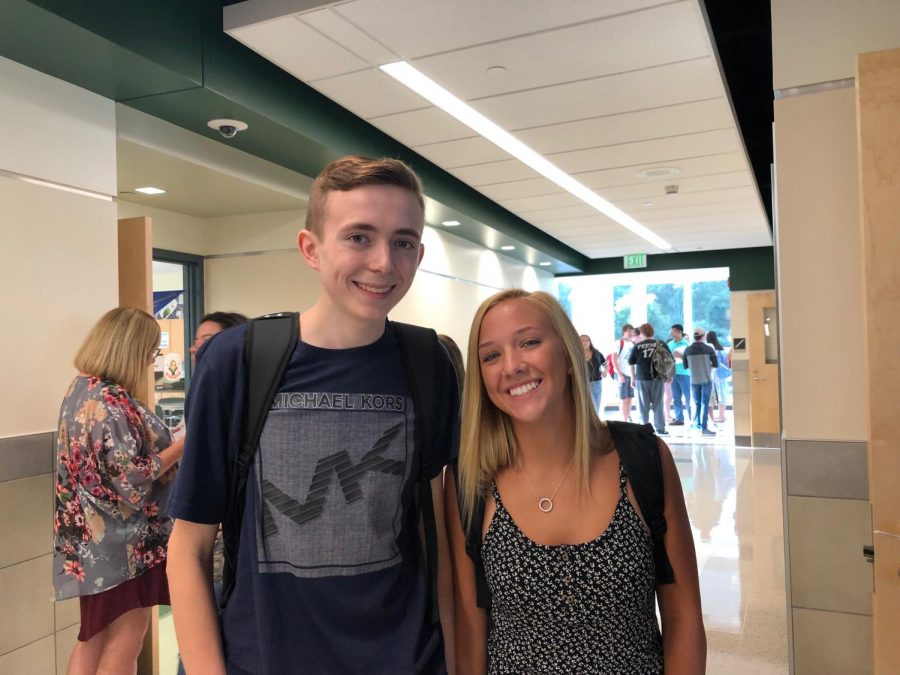 Juniors+Michael+Kearns+%28left%29+and+Leah+Kinniburgh+getting+ready+to+go+into+homeroom+on+the+first+day+of+school+August+28%2C+2019
