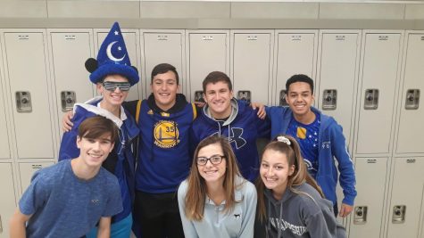 Abington High School seniors on Friday, November 22, 2019 during Spirit Week, wear blue in support of Color for a Cause Day.  Starting at Top left, Bobby Molloy, Connor Saccoach, Andrew Roy, Andre DaSilva, Drew Wilson, Allison Clark, and Hannah Liebke.