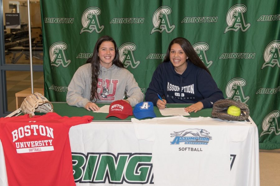 Abington High School seniors Lauren Keleher & Corin Mahan signed their National Letters of Intent Monday
November 18, 2019, to attend Boston University (Keleher) and Assumption College (Mahan) and play Softball. 