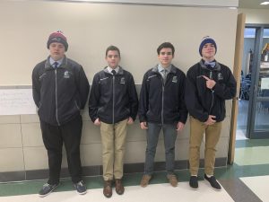 Abington boys hockey suits up to get ready for their game tomorrow at 7:40 p.m. at the Rockland Rink. Left to right, sophomore Jack Shea, freshman Spencer Merrick, and juniors Connor Buckley, and Brendon Grafton.