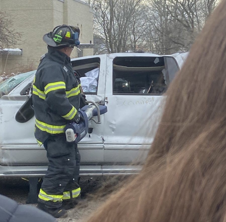 An Abington firefighter uses the Jaws of Life in a mock car accident. Students in Mrs. Caseys First Aid/CPR class attended this field trip on Friday, December 6, 2019 at the old North School.