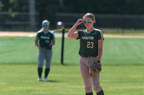 Abington High School shortstop Victoria Seppala, a junior, adjusts for the sunlights glare during a game in 2019.