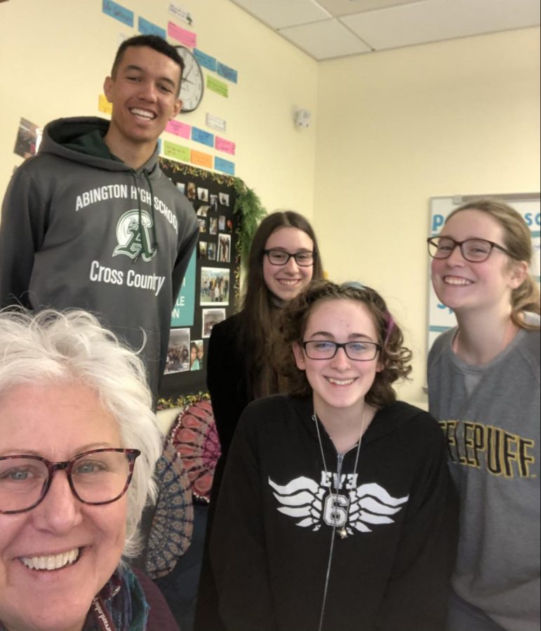 Members of Abington High Schools
 Green Wave Gazette club meet on Tuesday, January 14, 2020 to work on the newspaper. Left to right are advisor Ms. Pflaumer, production manager Cameron Curney, production manager, and freshman staff writers Iris Higier, Amaya Turner, and Acadia Manley.