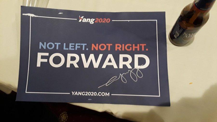 Evelyn Yang signed this slogan poster on Tuesday, Feburary 11, 2020 at her husband Andrews last rally, held in Manchester.