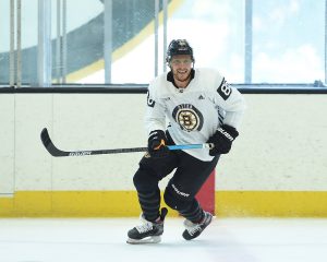 Bruins right winger David Pastrnak at practice on September 13, 2019 at Warrior Ice Arena in Brighton, MA