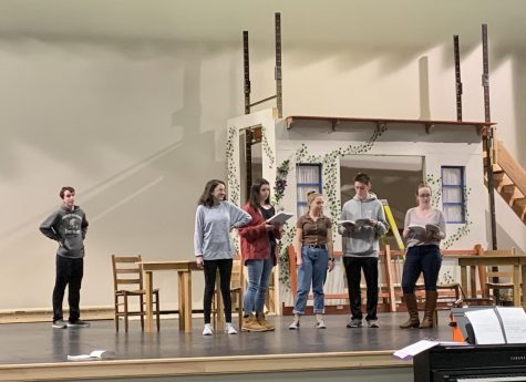 Abington High Schools drama cast practices after school on Tuesday, February 11, 2020. On the far left is junior Brian Tolan. Left to right are juniors Isabelle Assaf, Abbdy Nordeen,  and Carly Mentis, senior Bobby Molloy, and junior Kathryn Genest practicing lines together.