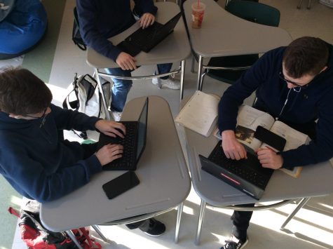 Students in Learning Centers at Abington High School often use their laptops and digital devices for homework, research, and checking news, as seen on March 12, 2020.