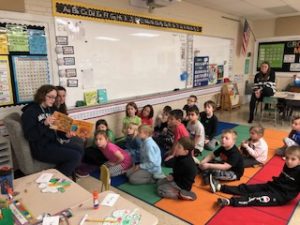(Left to right), Abington High School freshman students on the ABC (Anti-Bullying Club) Amaya Turner and Ellie Lindo read to elementary school students at Beaver Brook on Friday, March 6, 2020.