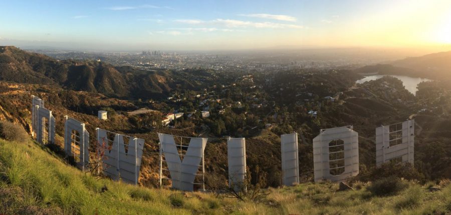 Taken from atop Mt. Lee showing the back of the Hollywood Sign. From left to right, the view includes the Griffith Observatory, downtown Los Angeles, Hollywoodland subdivision (near/below), the sprawl of Los Angeles, Lake Hollywood. Taken on January 6, 2019.