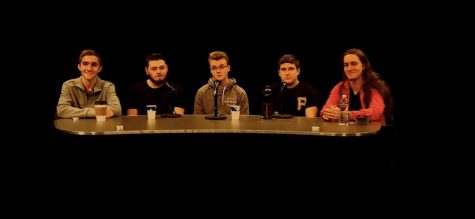 Abington High School students from left to right, Derek Tirrell, Matt Lyons, Aaron Johnson, Andrew Roy, and John Mueller participate in an Intern Roundtable discussion in the Abington CAM studio on Thursday, March 12, 2020.