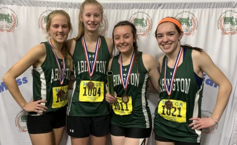 The Abington Girls 4x200m relay team comprised of (left to right) sophomore Kaylie Groom, junior Kaylee Carver, senior Kayla Larkin-Goldman, and sophomore Maria Wood. They placed 3rd at the South Shore League Championships on 1/30/20 at the Reggie Lewis Center in Roxbury, MA