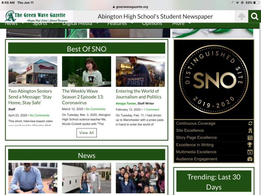 The Green Wave Gazette is a student newspaper club at Abington High School. It has published work by students for almost two decades. In 2019-2020, the online newspaper was named a distinguished site by SNO.