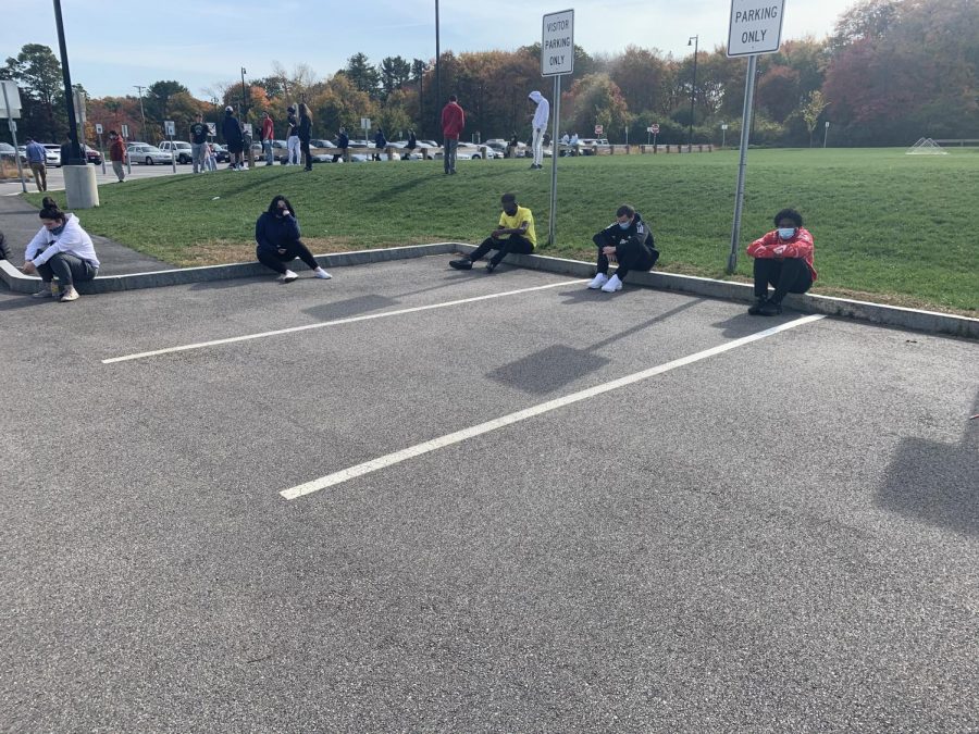 Due to the Covid-19 pandemic, students at Abington High School take a mask break outside every period, as seen here on Monday, October 19, 2020.