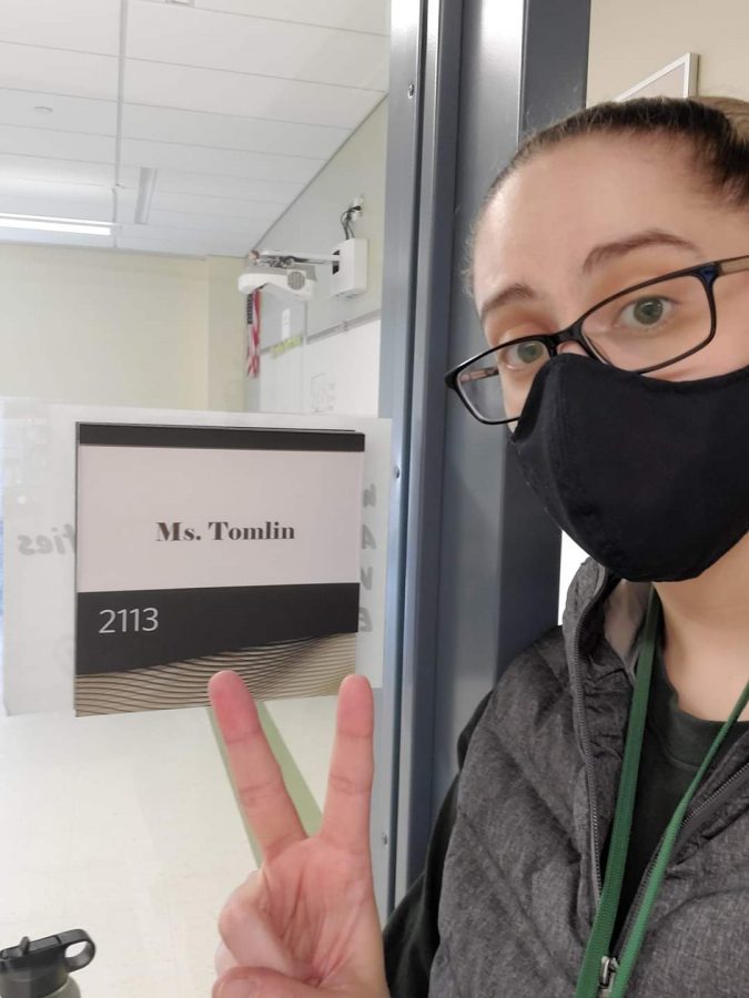 Abington High School English teacher Ms. Tomlin in front of her former English classroom at the Abington Middle School at the end of the 2019-2020 school year.