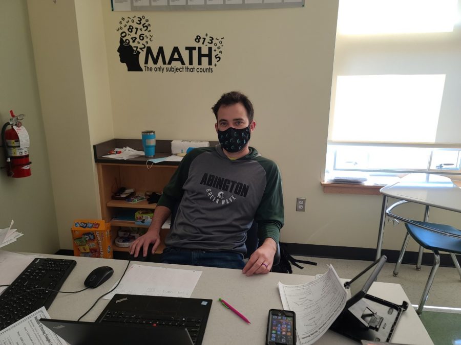 Abington High School long-term substitute math teacher Mr. Michael Caseley in this picture Mr. Caseley in seen in Room 1215 during Bridge Block B during a Microsoft Teams meeting on March 19, 2021.