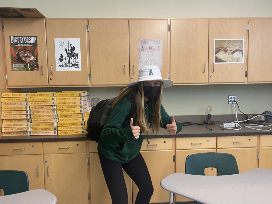 Showing her Abington pride is sophomore Hannah Tirrell during a break in her class on April 30, 2021 at Abington High School.