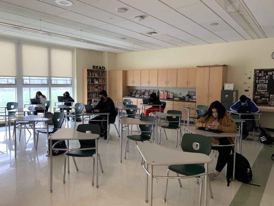 Abington High School students wrap up the week in a learning center on Friday, April 16, 2021.
