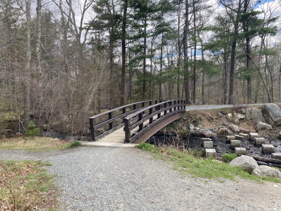 Below this bridge is a scenic waterfall, one of the many interests to see at Ames Nowell State Park in Abington, Mass. Friday, April 30, 2021.