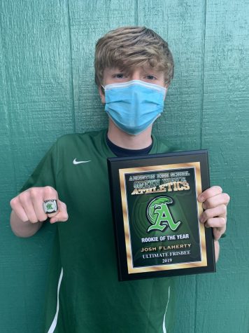 Abington High School junior Joshua Flaherty with this Rookie of the Year award for his work on the Ultimate team in 2019. Flaherty received his award in May of 2021 due to COVID cancellations.